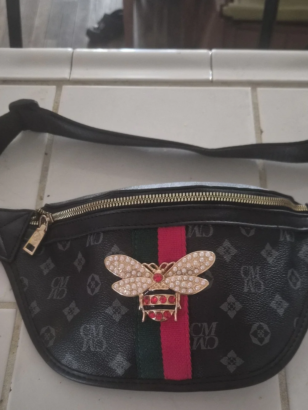 Charisma Black Crossbody Belt Bag with Red and Green Stripe and Pearl Bee